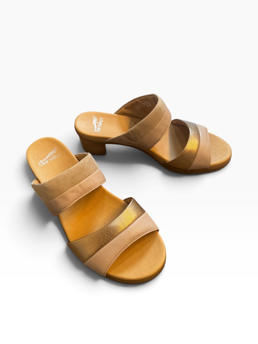 Dansko Theresa God Metallic and Tan Two-Band Slide Sandals. Size 8.5